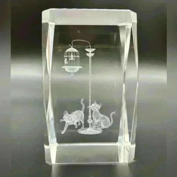No Brand Other - Vintage Cat Bird Cage Bubblegram 3D Laser Etched Glass Paperweight